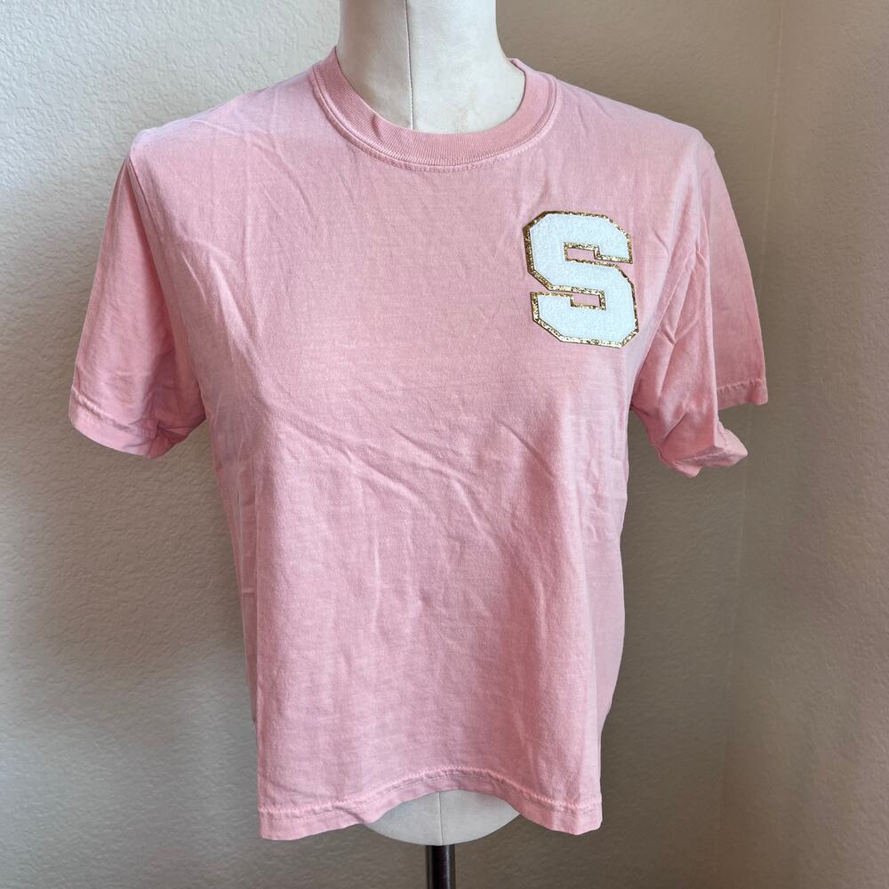 Comfort Colors Chenille Letter S blush pink cotton Tshirt Womens small NEW